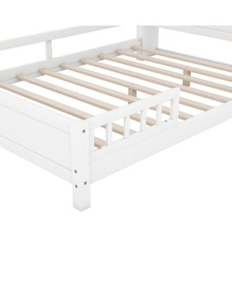 Wood Full Size Platform Bed With Built-In LED Light, Storage Headboard And Guardrail, White