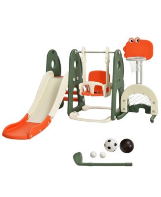 6 in 1 Toddler Slide and Swing Set Climber Playset w/ Ball Games Orange