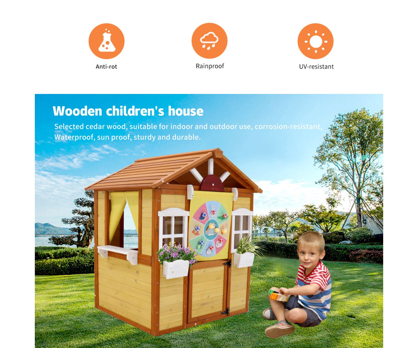 Детская игрушка Streamdale Furniture Outdoor Playhouse with Working Doors and Windows, Fir Wood, 39"L x 33.7"W x 50.9"H, Ages 3-8, цвет: Натуральный — фото 4