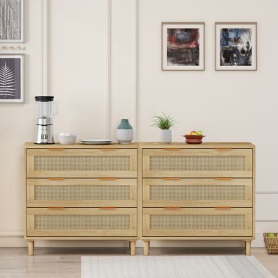 Modern 3-Drawer Oak Rattan Storage Cabinet (Set of 2)