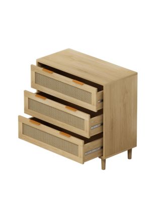 Modern 3-Drawer Oak Rattan Storage Cabinet (Set of 2)