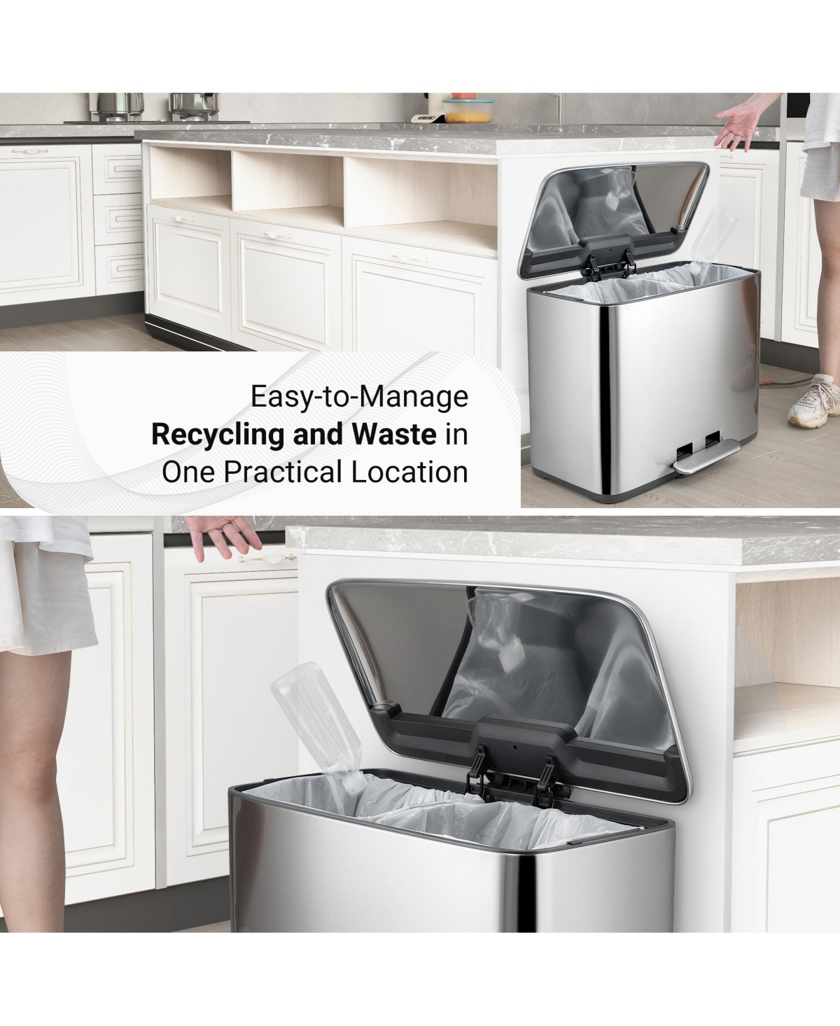 Mega Casa Gallon Trash Can, Gallon Dual Compartment Recycling Step-On Ss Kitchen Trash Can