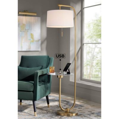 Volta Modern Floor Lamp with Tray Table 66" Tall Brass USB Charging Port White Drum Shade for Living Room Bedroom Office House