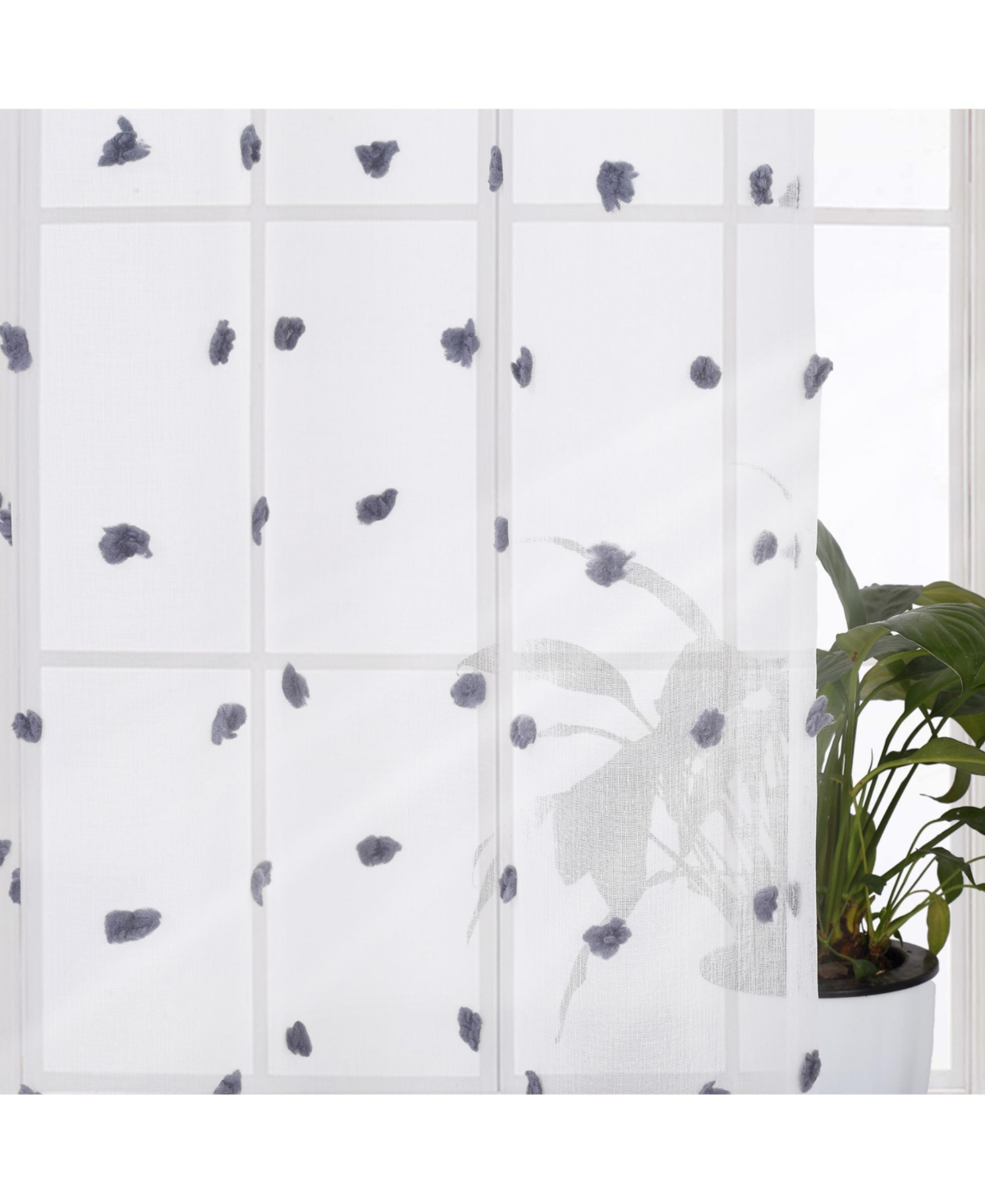 Pom Pom Grommet Voile Sheer Window Curtain Panels Set, 52" x 95" - Grey