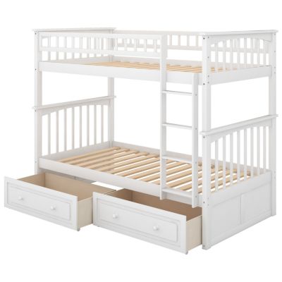 Twin Size Over Pine Wood Bunk Bed With Drawers, Convertible Beds