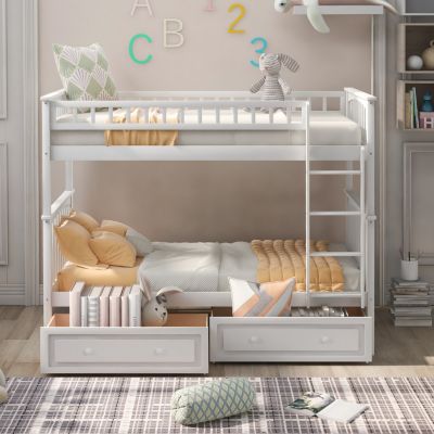 Twin Size Over Pine Wood Bunk Bed With Drawers, Convertible Beds
