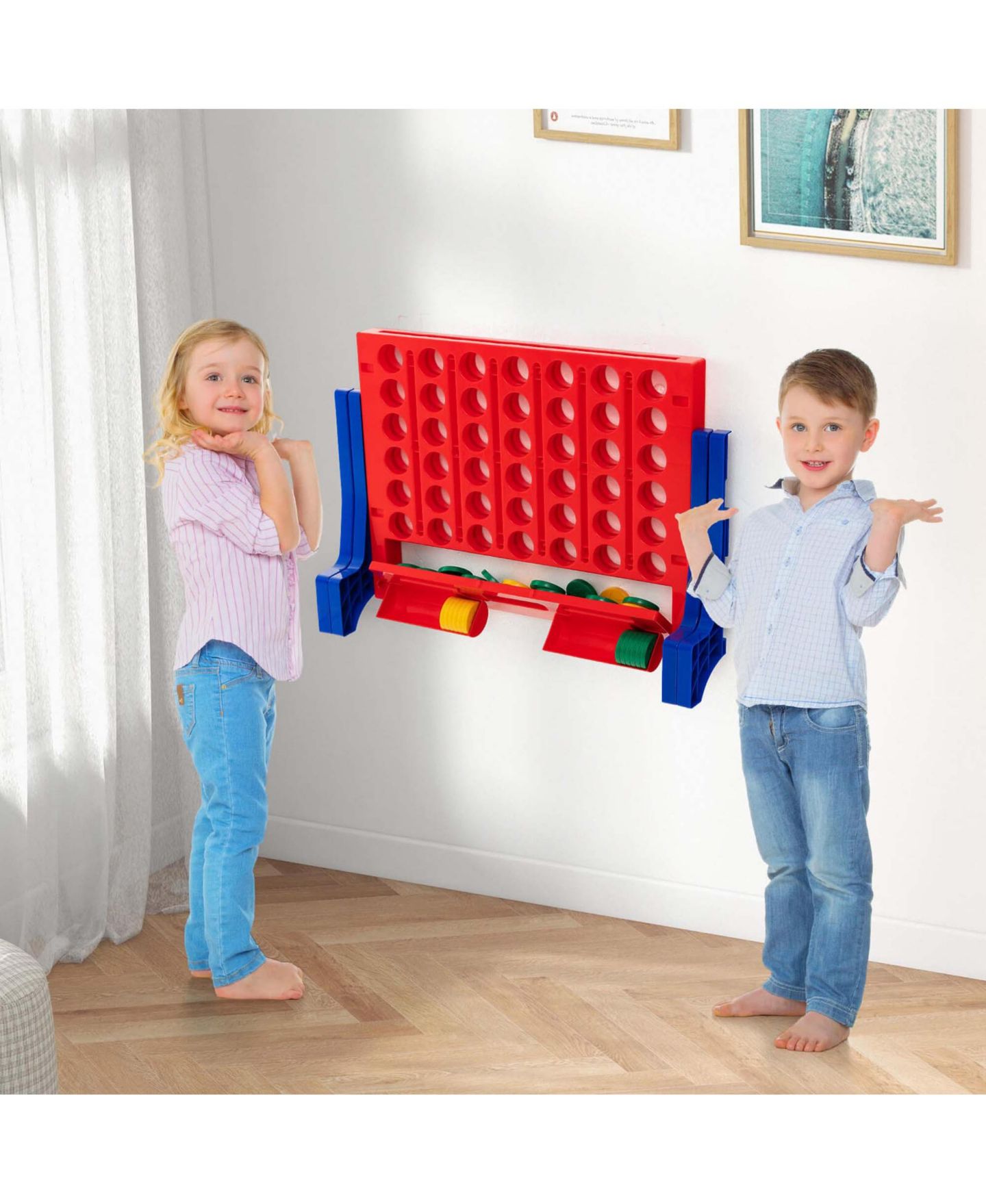 Детские настольные игры Costway Giant 4 in a Row, 2-Player Wall Mounted or Tabletop Board Game, 42-Piece, Ages 3+, цвет: Синий — фото 9
