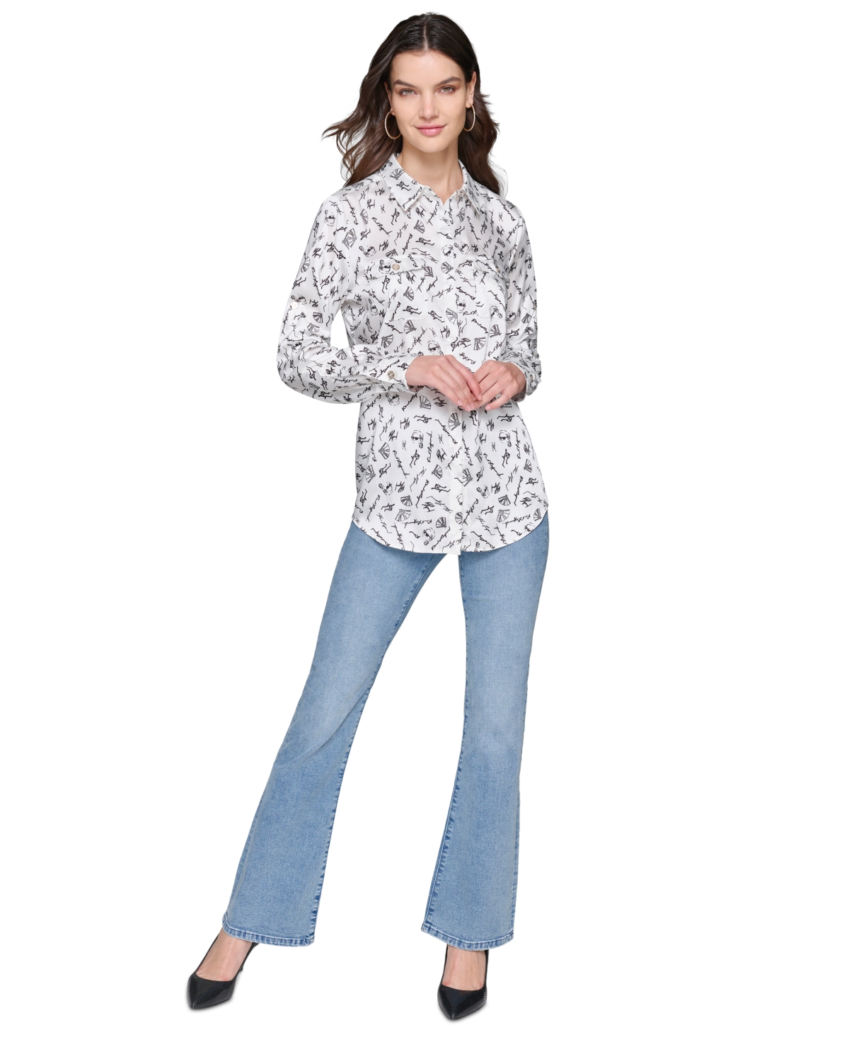 Karl Lagerfeld Paris Women's Printed Utility Button-Down Top, Regular & Petites - White  Black