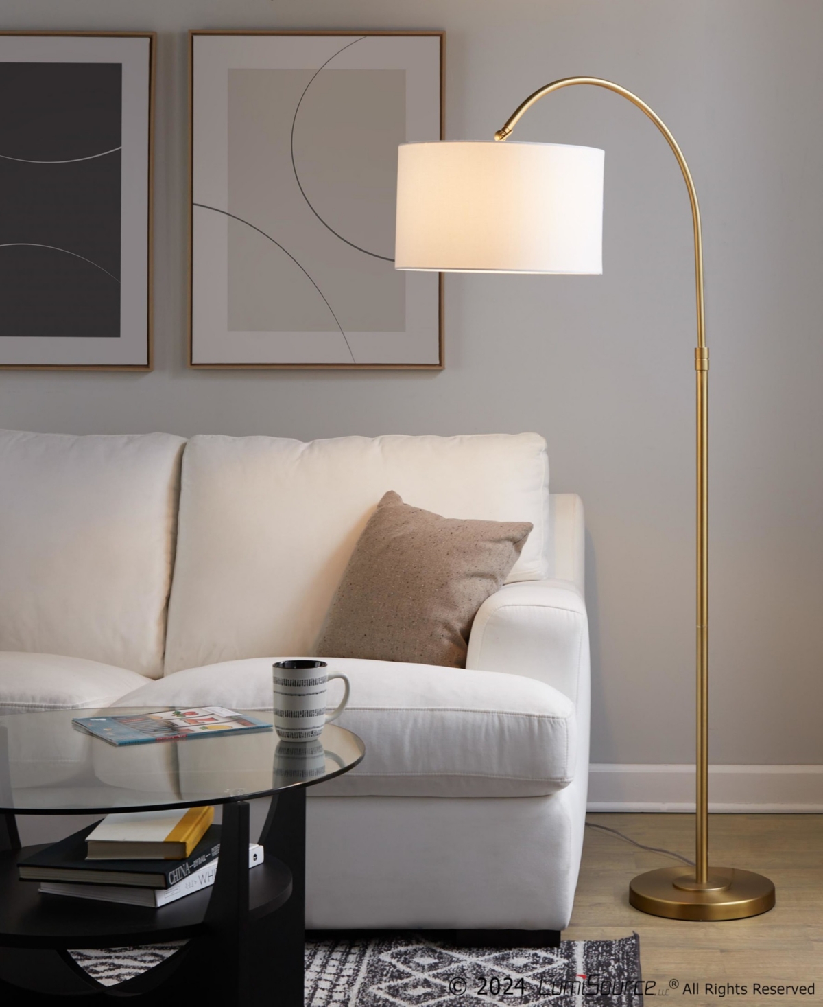 Lumisource Salon Reader 63" Contemporary Metal Floor Lamp In Gold Metal,white Linen