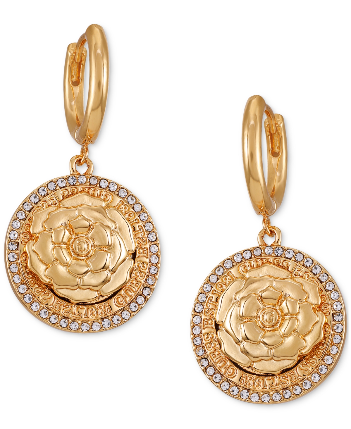 Gold-Tone Pave-Edged Flower Charm Hoop Earrings - Gold