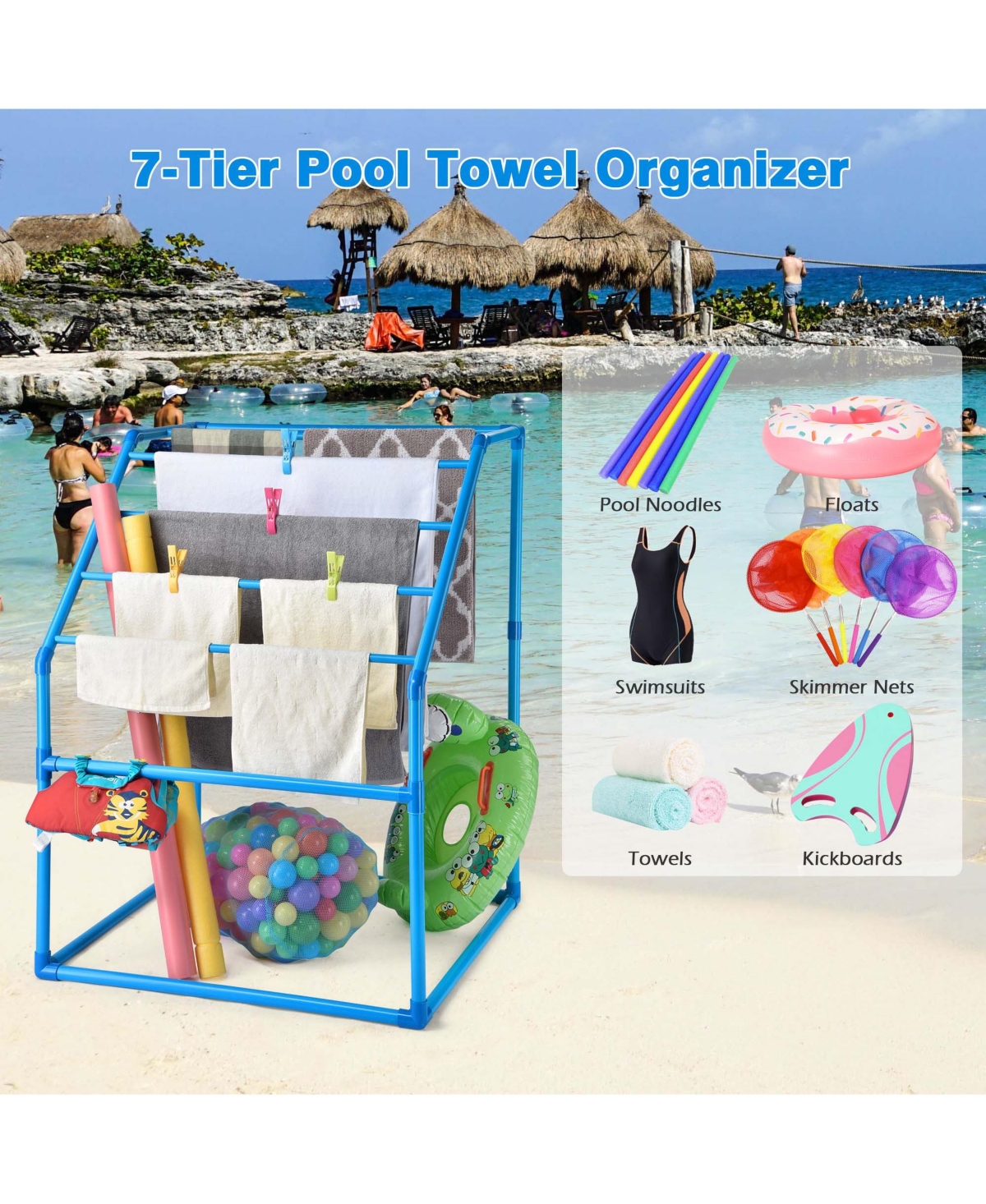 Yescom Freestanding Pool Towel Rack Outdoor7 Bar Storage Pvc,Drying Laundry Rack Swimming Pool - Blue