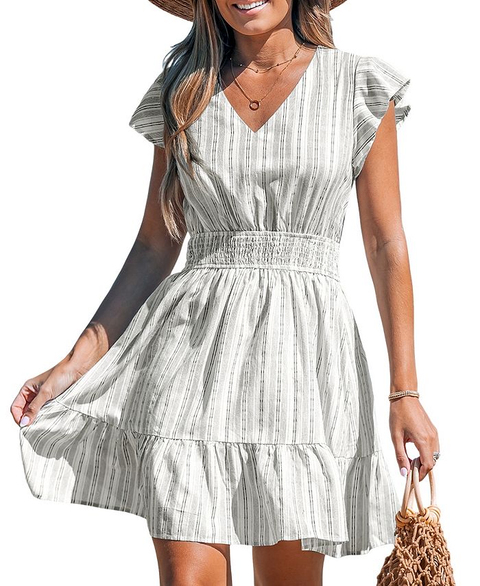 100% Cotton White Woven Striped Mini Beach Dress