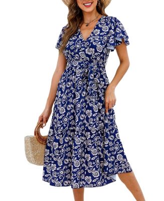 CUPSHE Women's Navy Floral V-Neck Flared Sleeve Maxi Beach Dress - Macy's