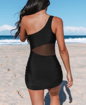 Women's Asymmetrical Mesh Waist Swim Dress