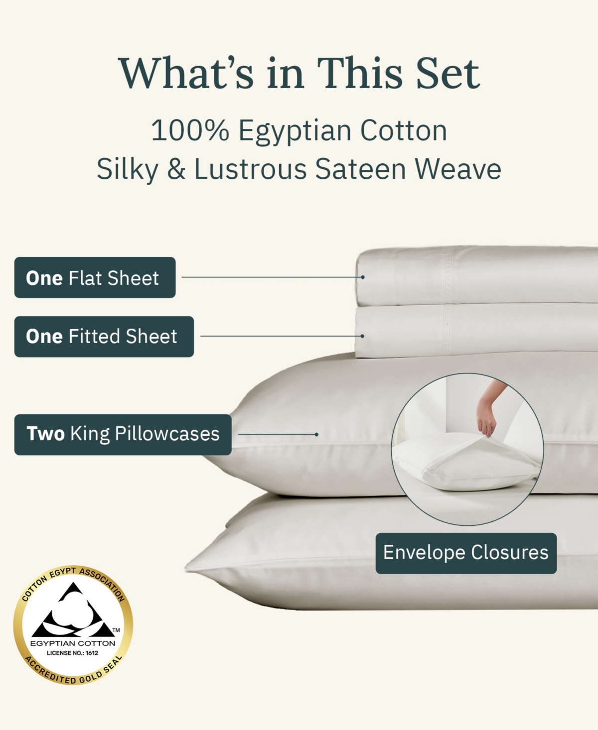Certified Luxury 100% Egyptian Cotton Sheets, Sheet set, 4 Piece Deep Pocket Bed Sheets Set, Sateen Cooling Sheets for Hot Sleepers by