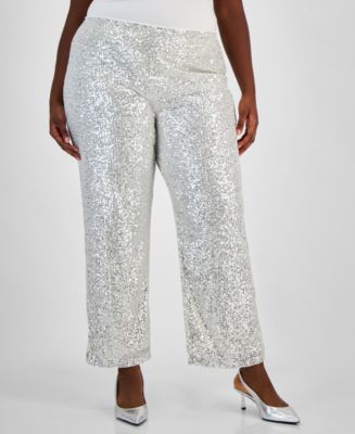 JM Collection Plus Size Sequin Wide-Leg Split-Hem Pants, Created