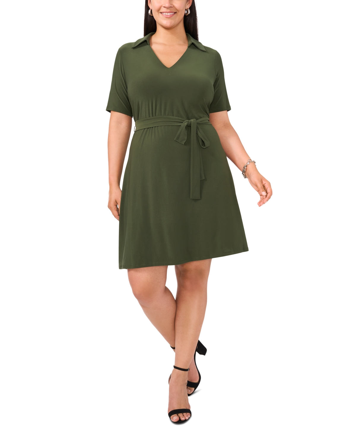 Plus Size Collared-v-Neck Tie-Waist Short-Sleeve Dress - Olympia Gr