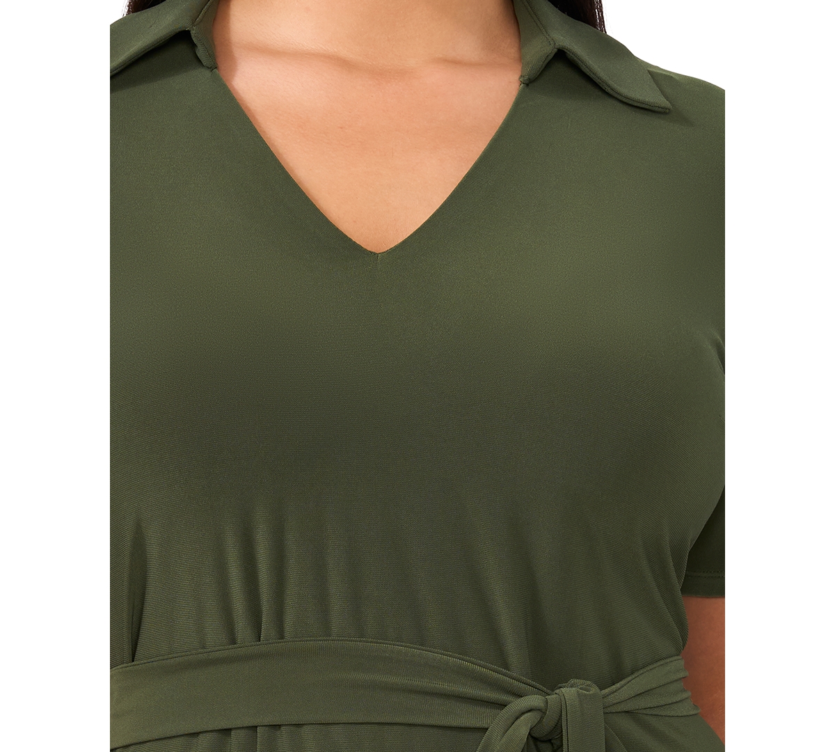 Msk Plus Size Collared-v-Neck Tie-Waist Short-Sleeve Dress