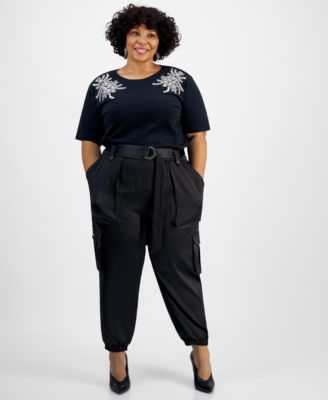 I.N.C. International Concepts - Plus Size Belted High-Rise Satin Cargo Pants