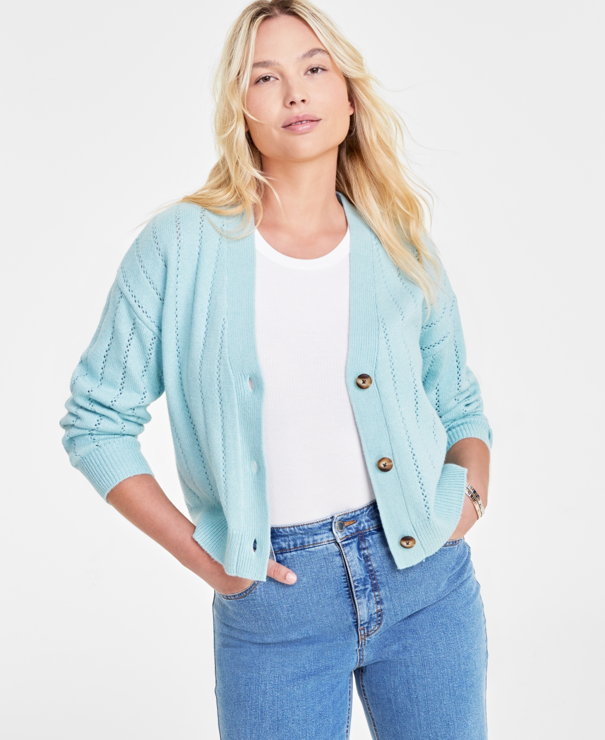 On 34th Women's Pointelle-stitch Cardigan, Created For Macy's In Green Mist