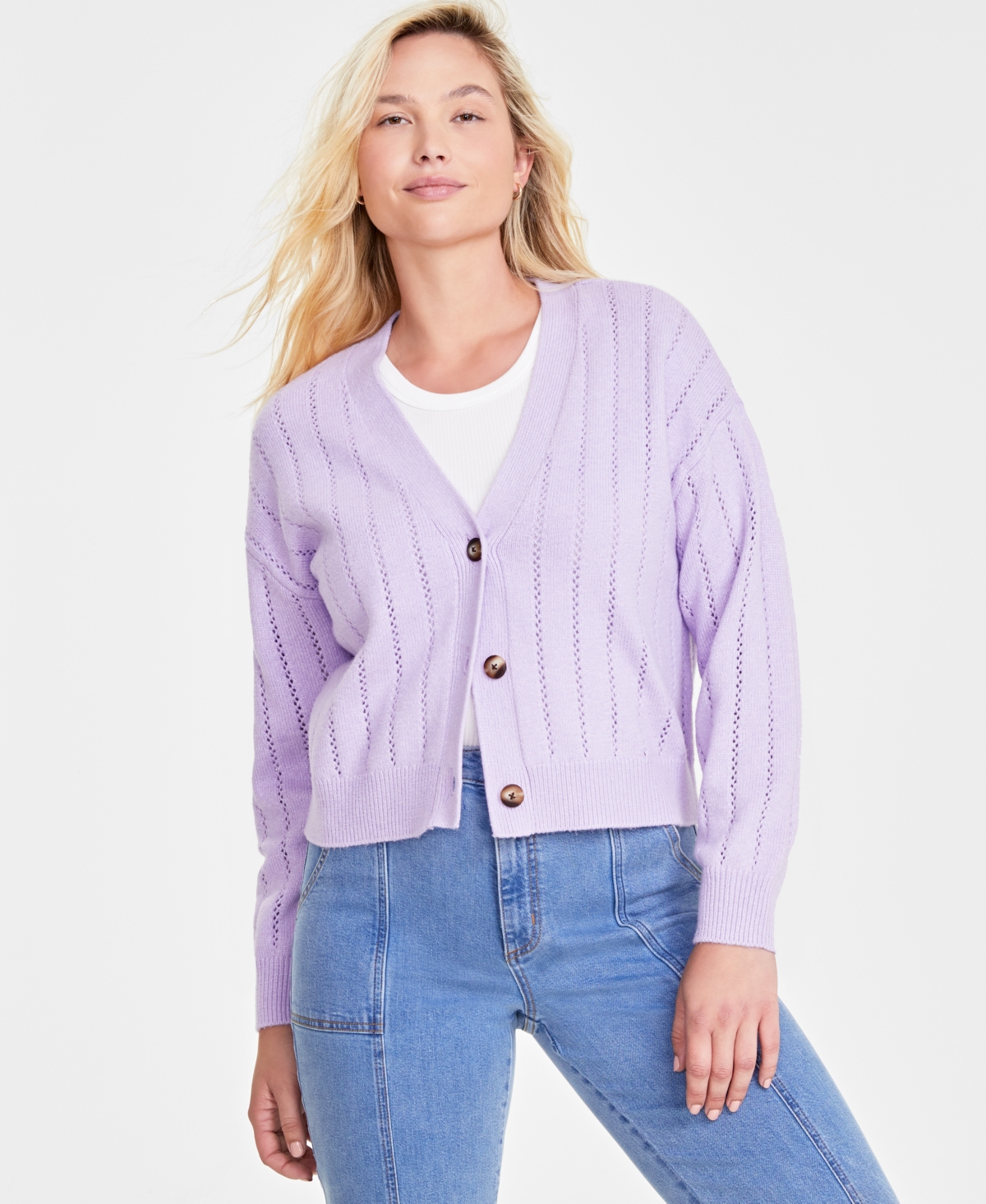 On 34th Women's Pointelle-stitch Cardigan, Created For Macy's In Larkspur