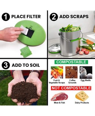Stainless Steel Compost Bin 1.6 Gallon Includes AbsorbX Odor Filter System, Pest-Proof, Titanium Rust-Free Space-efficient Slim Oval Shape 6 Liter Kitchen Countertop Trash Can