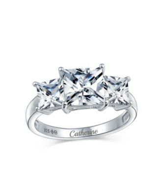 3CTW Square CZ Ring Cubic Zirconia Past Present Future Three Stone Promise Ring Sterling Silver