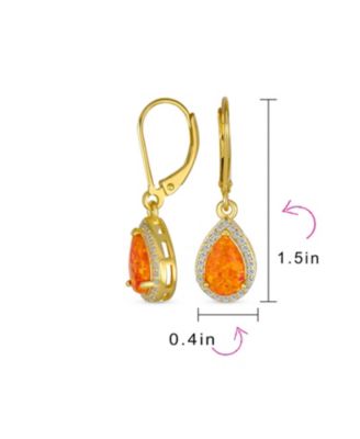 Solitaire Teardrop Created Opal Halo Cubic Zirconia CZ Drop Earrings Lever Back Gold Plated Sterling Silver