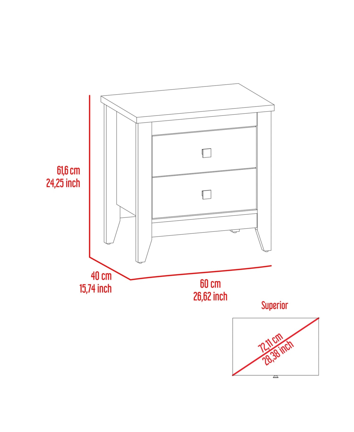 Fm Furniture Breeze Four-Legged Modern Bedroom Nightstand, with Two Drawers