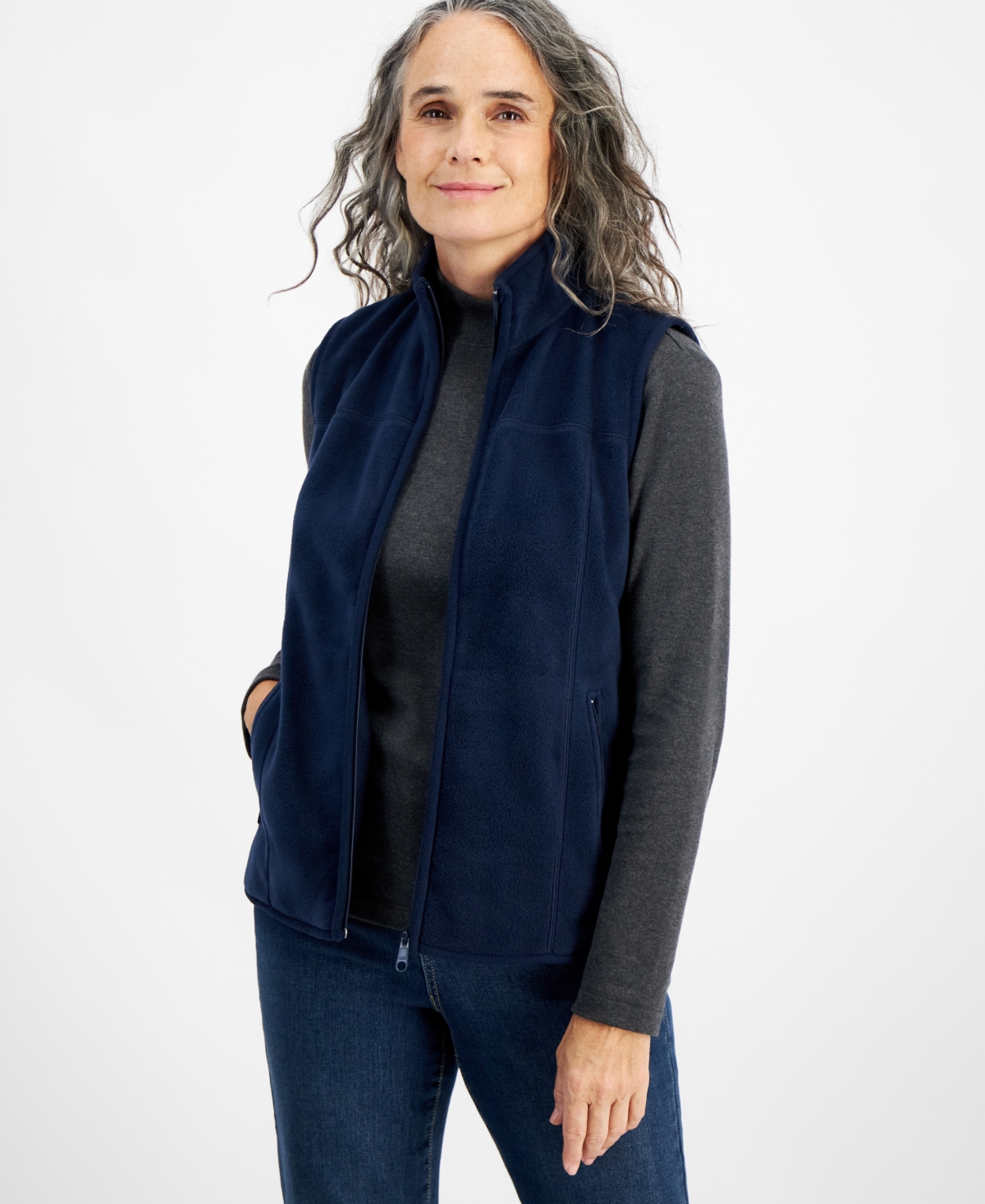 Style & Co Women's Zip-front Polar Fleece Vest, Created For Macy's In Industrial Blue