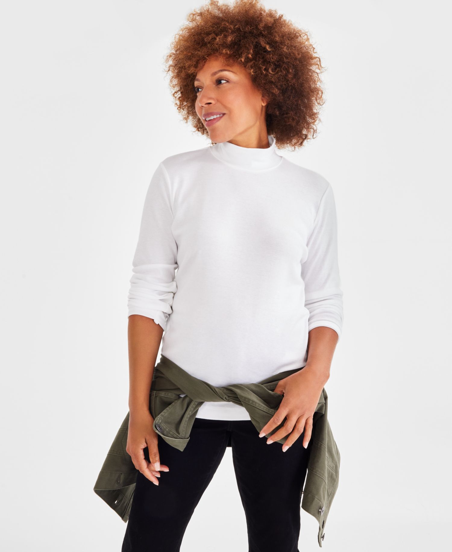 Petite Mock-Neck Cotton Long-Sleeve T-Shirt