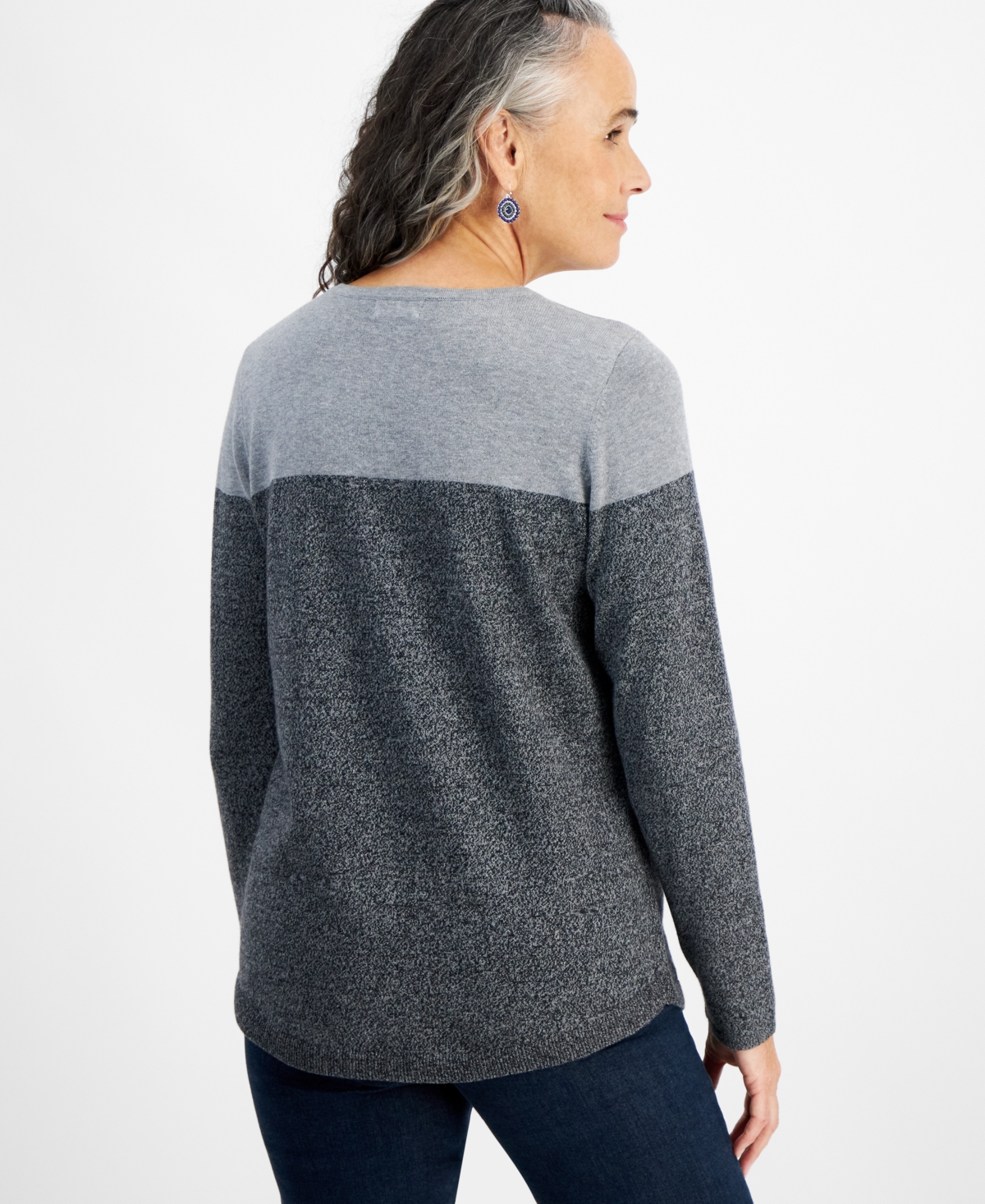 Style & Co Petite Cotton Colorblocked Curved-Hem Sweater, Created for Macy's