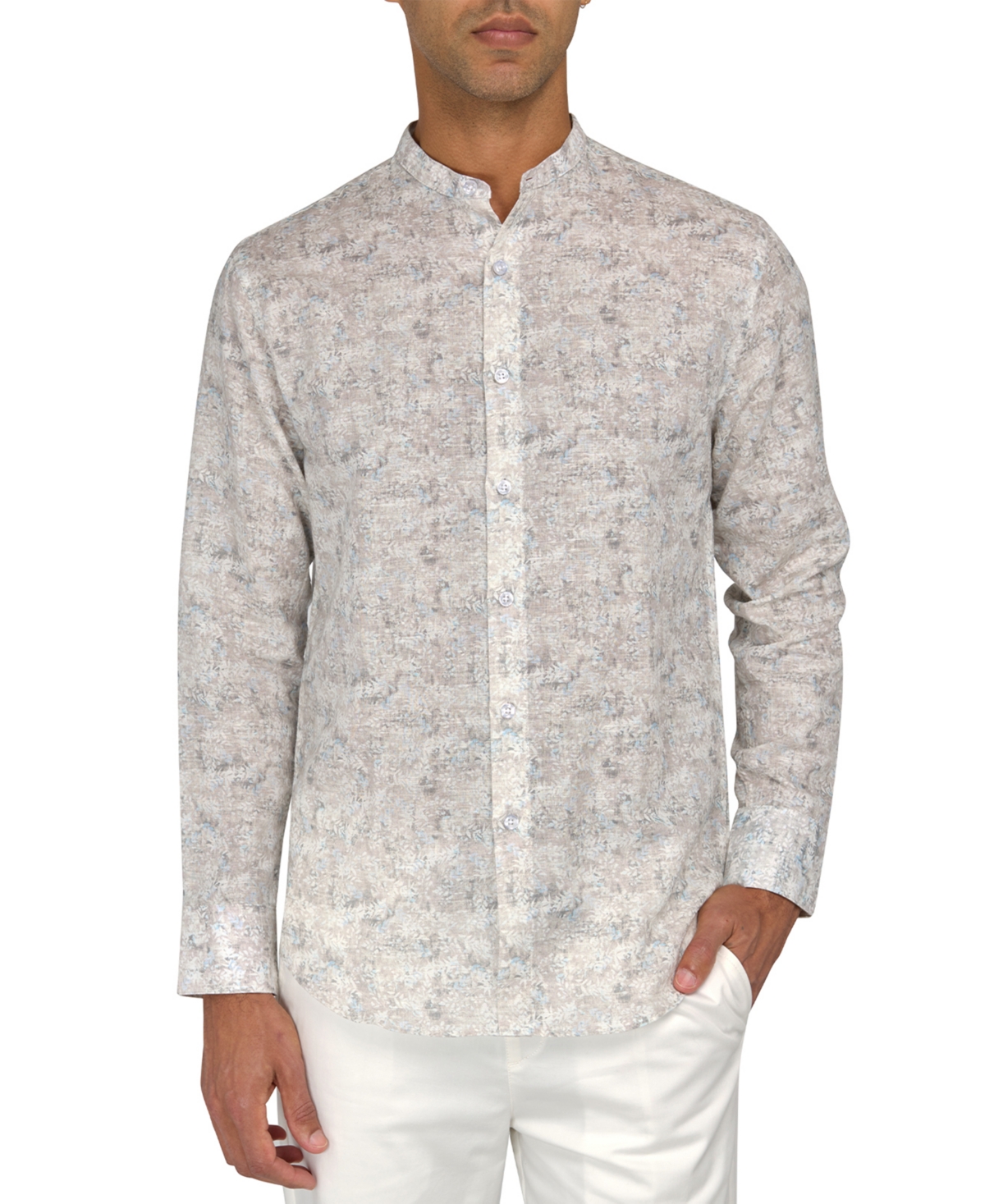 Men's Moisture-Wicking Abstract leaf-Print Button-Down Mandarin Shirt - Light Blue