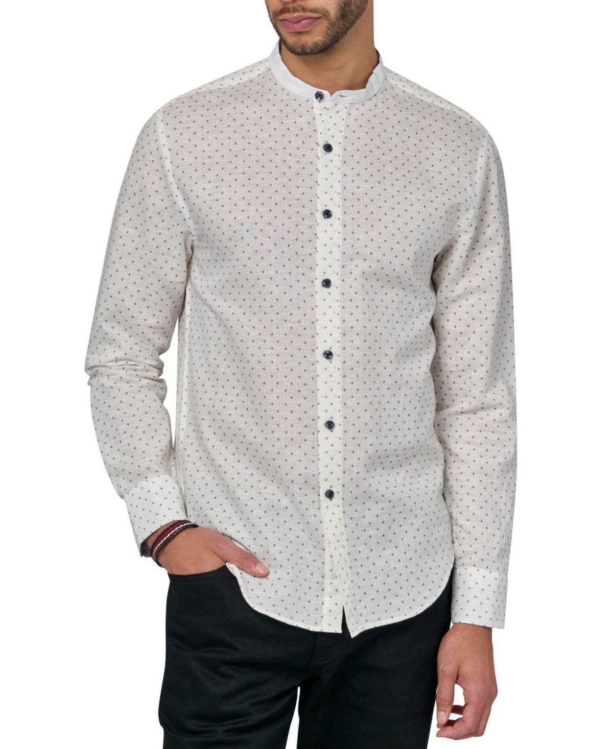 Men's Axel Moisture-Wicking Geo-Print Button-Down Mandarin Shirt - White