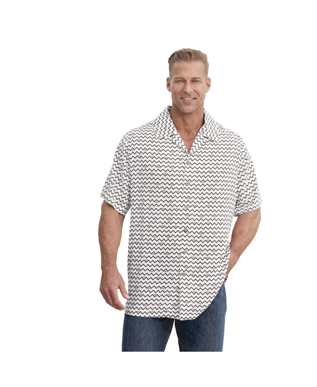 Big & Tall Short-Sleeve Colorblock Rayon Shirt - Black white geo