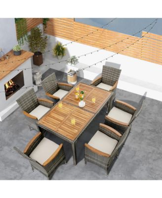 7PCS Outdoor Dining Set Patio Acacia Wood and Rattan Furniture Set w/ Cushions
