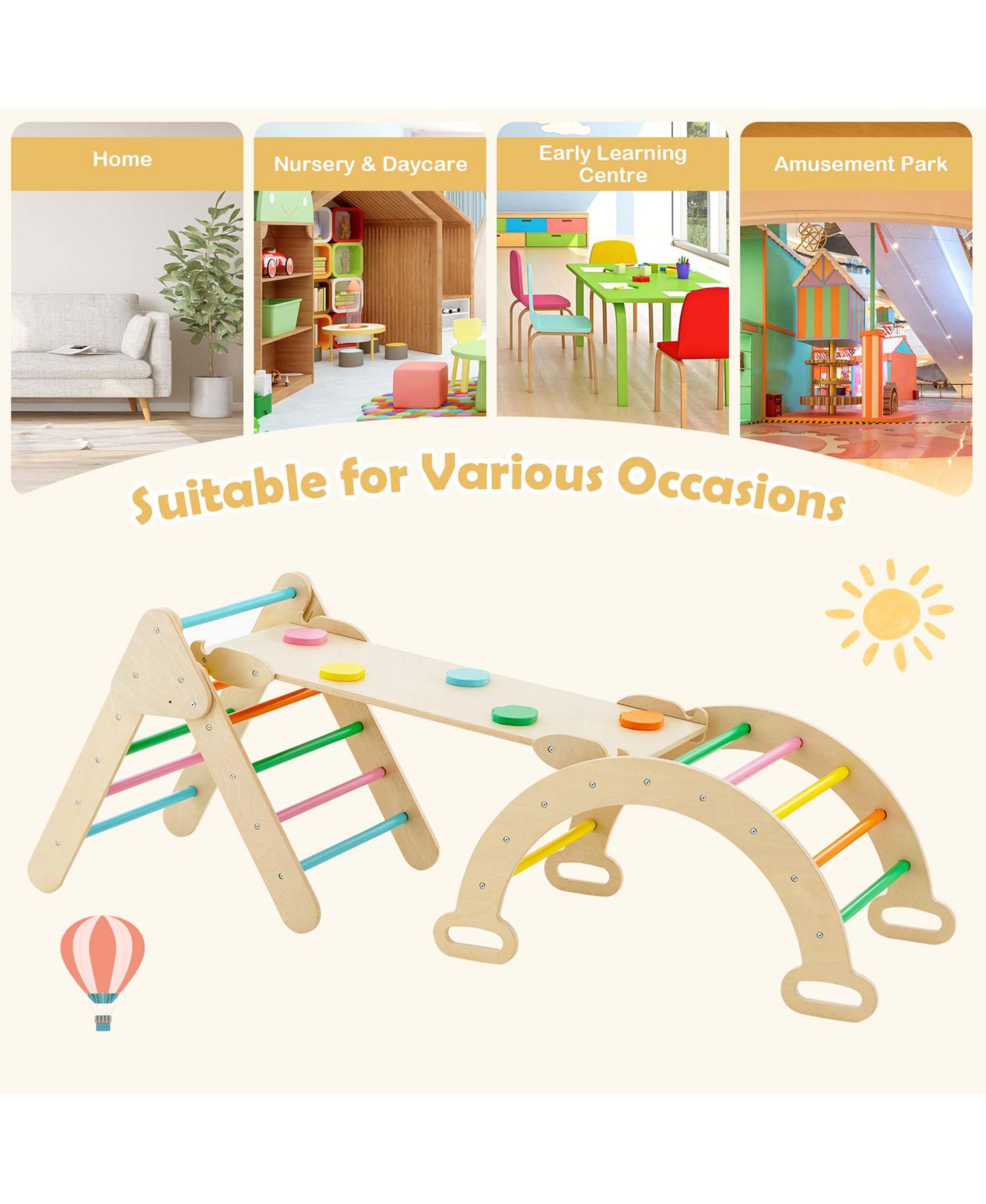 3-in-1 Wooden Climber with Triangle, Arch, and Ramp, 3-Piece Set