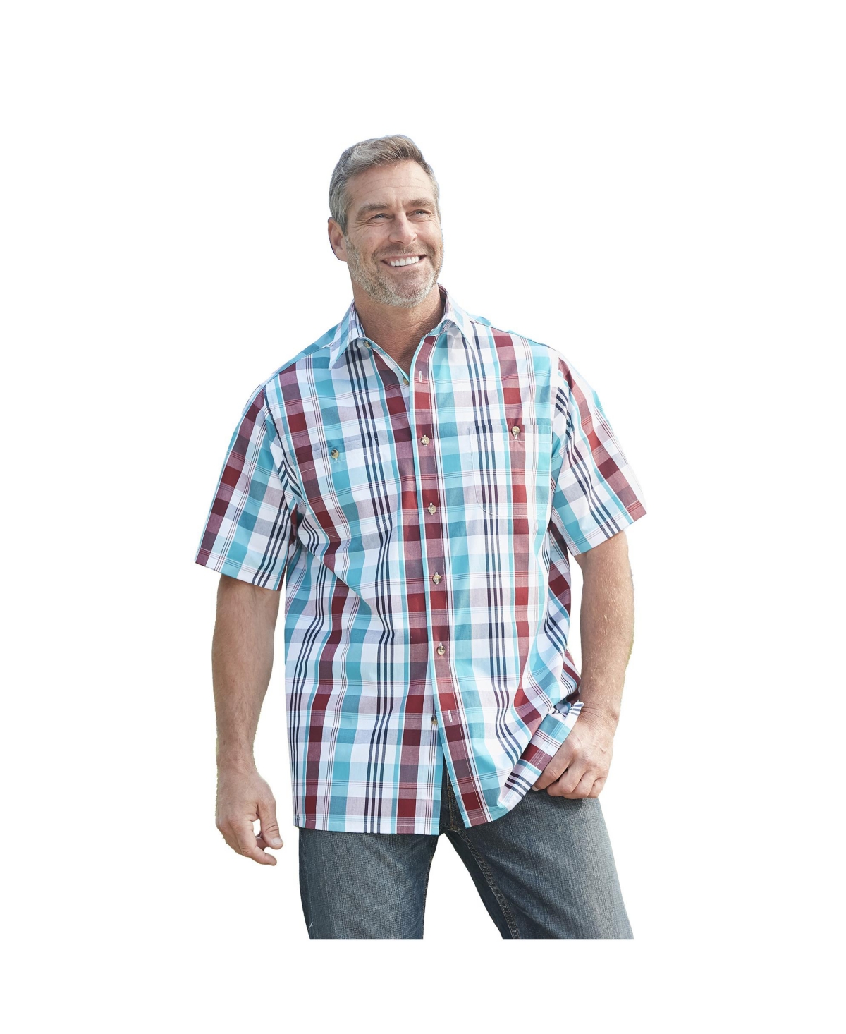 Tall Short-Sleeve Plaid Sport Shirt - Aqua plaid
