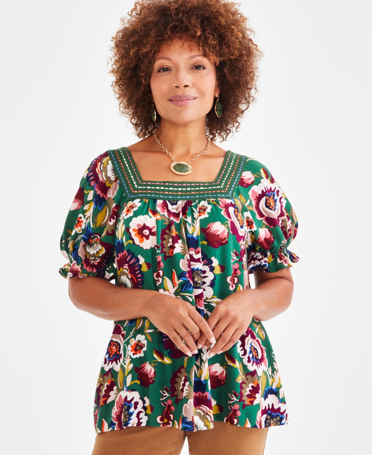 Style & Co Women's Crochet-Square-Neck Short-Sleeve Top, Created for Macy's