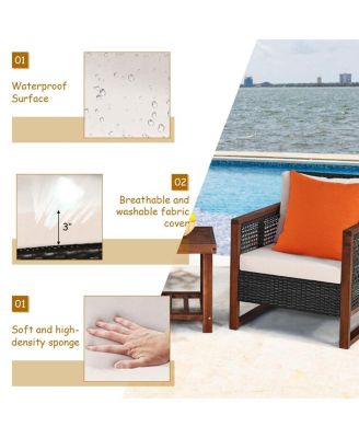 3 Pieces Patio Wicker Furniture Set with Washable Cushion and Acacia Wood Coffee Table-Beige