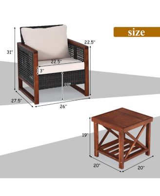 3 Pieces Patio Wicker Furniture Set with Washable Cushion and Acacia Wood Coffee Table-Beige