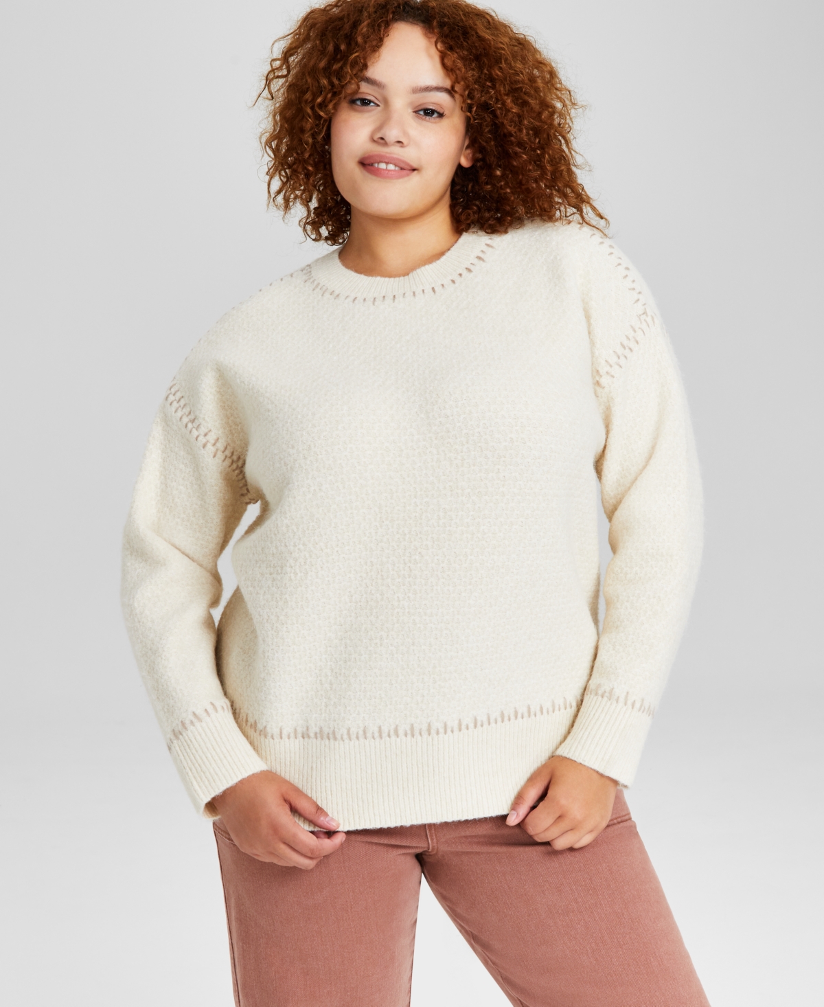 Trendy Plus Size Whipstitch Crewneck Sweater, Created for Macy's - Grey/Black