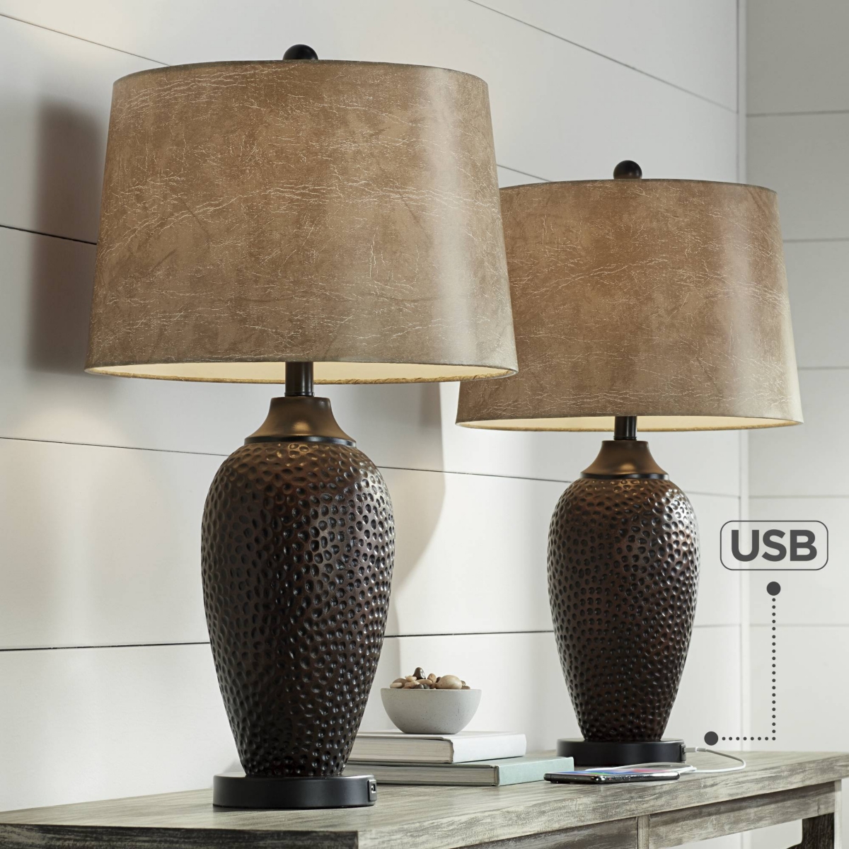Franklin Iron Works Kaly Rustic Traditional Natural Cottage Table Lamps High Set of 2 with Usb Charging Port Hammered Oil Rubbed Bronze Faux Leath