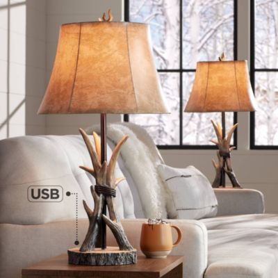 Boone Rustic Western Table Lamps 27 1/2" Tall Set of 2 Natural Antler with USB Charging Port Bell Shade for Bedroom Living Room Office