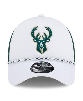 Men's White/Hunter Green Milwaukee Bucks Court Sport Foam A-Frame 9FORTY Adjustable Trucker Hat