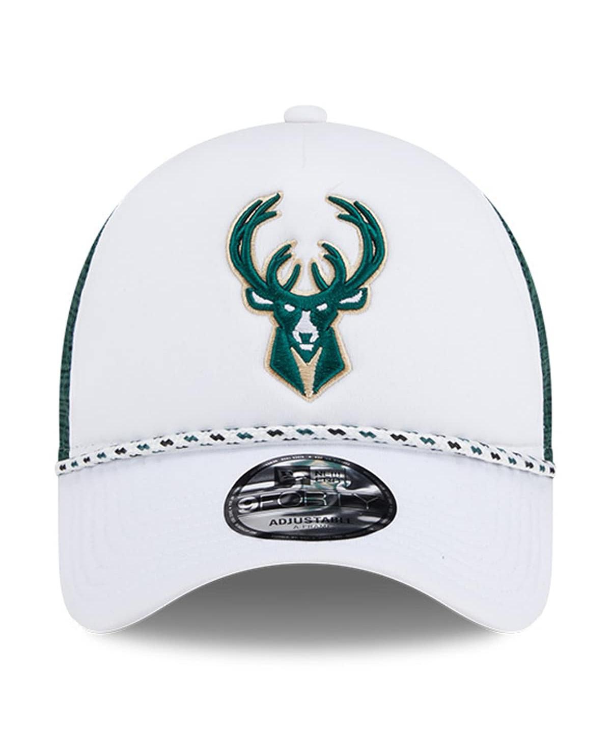 New Era Men's White/hunter Green Milwaukee Bucks Court Sport Foam A-frame 9forty Adjustable Trucker Hat In White,hunter Green
