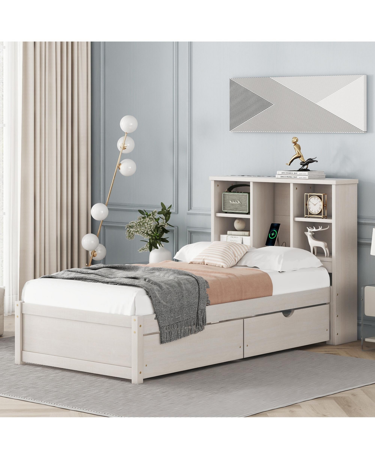 Streamdale Furniture Modern Size Bed Frame With Built-in Usb Port on Bookcase Headboard and 2 Drawers forColor - White washed