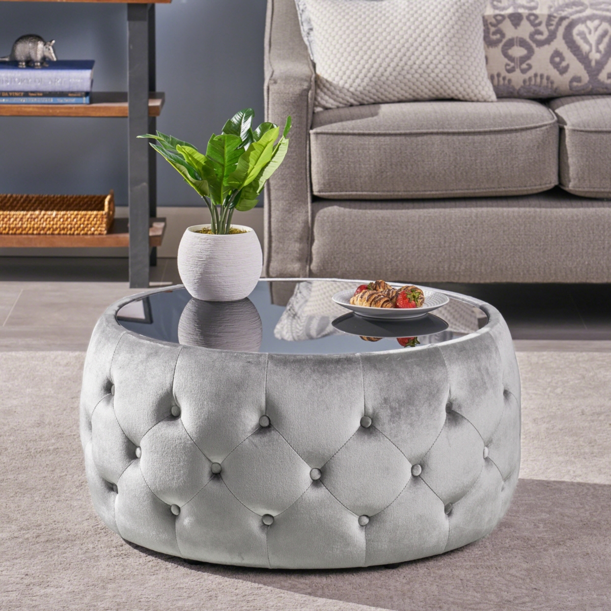 Modern Glam Diamond Tufted Velvet Ottoman with Tempered Glass Top