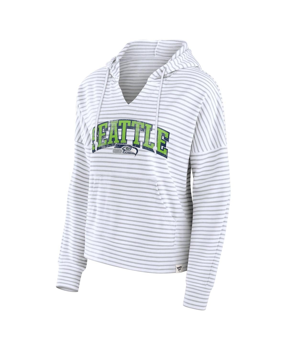 Fanatics Women's White/gray Seattle Seahawks Striped Notch Neck Pullover Hoodie In White,gray