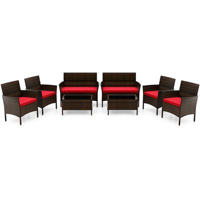 8PCS Patio Rattan Furniture Set Cushioned Sofa Coffee Table Backyard Porch Red
